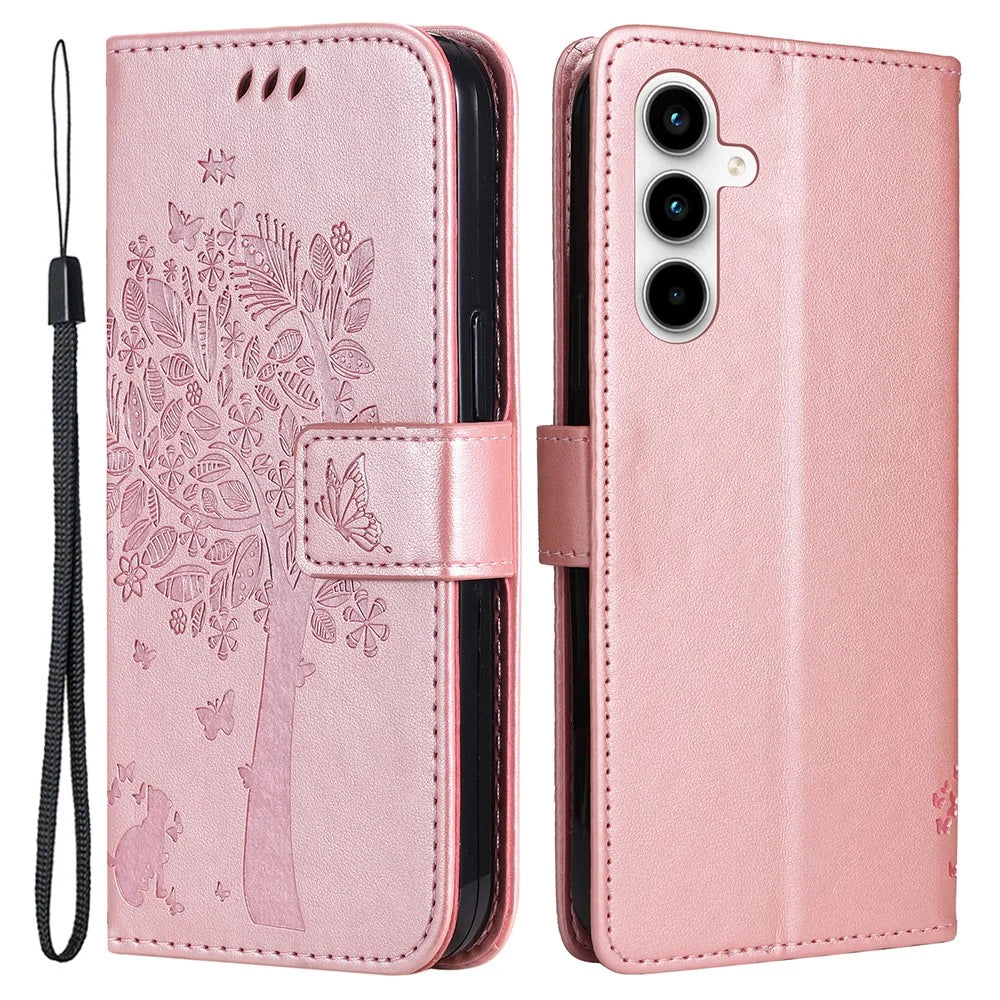 For Samsung Galaxy A35 5G Phone Case with Stand Cat Tree Pattern Leather Wallet Mobile Cover  - Rose Gold - 1
