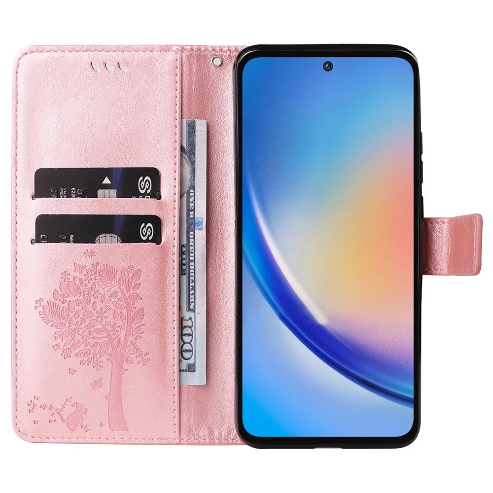 For Samsung Galaxy A35 5G Phone Case with Stand Cat Tree Pattern Leather Wallet Mobile Cover  - Rose Gold - 2