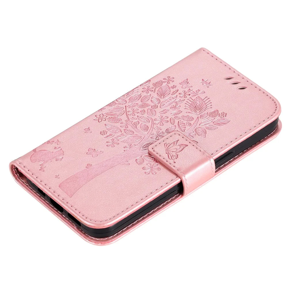 For Samsung Galaxy A35 5G Phone Case with Stand Cat Tree Pattern Leather Wallet Mobile Cover  - Rose Gold - 5