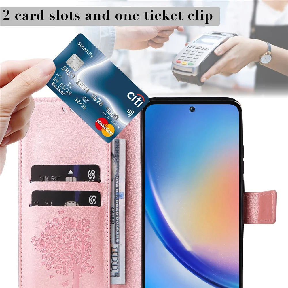 For Samsung Galaxy A35 5G Phone Case with Stand Cat Tree Pattern Leather Wallet Mobile Cover  - Rose Gold - 7