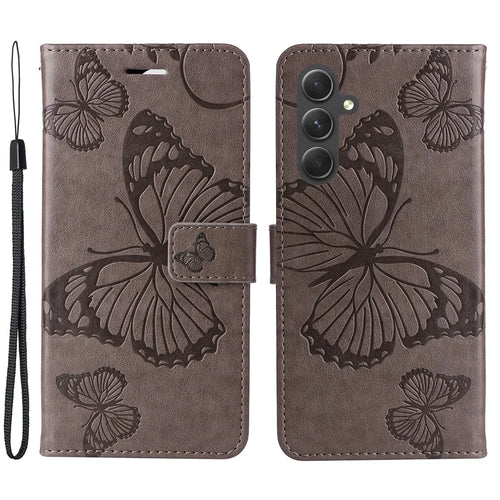 For Samsung Galaxy A55 5G Wallet Case Floral Butterfly Imprinted Leather Phone Cover Stand - Grey - 1