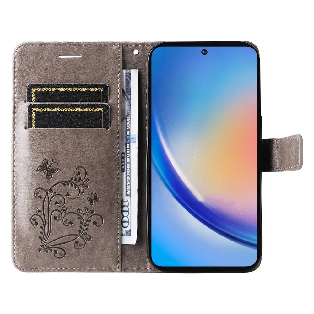 For Samsung Galaxy A55 5G Wallet Case Floral Butterfly Imprinted Leather Phone Cover Stand - Grey - 2