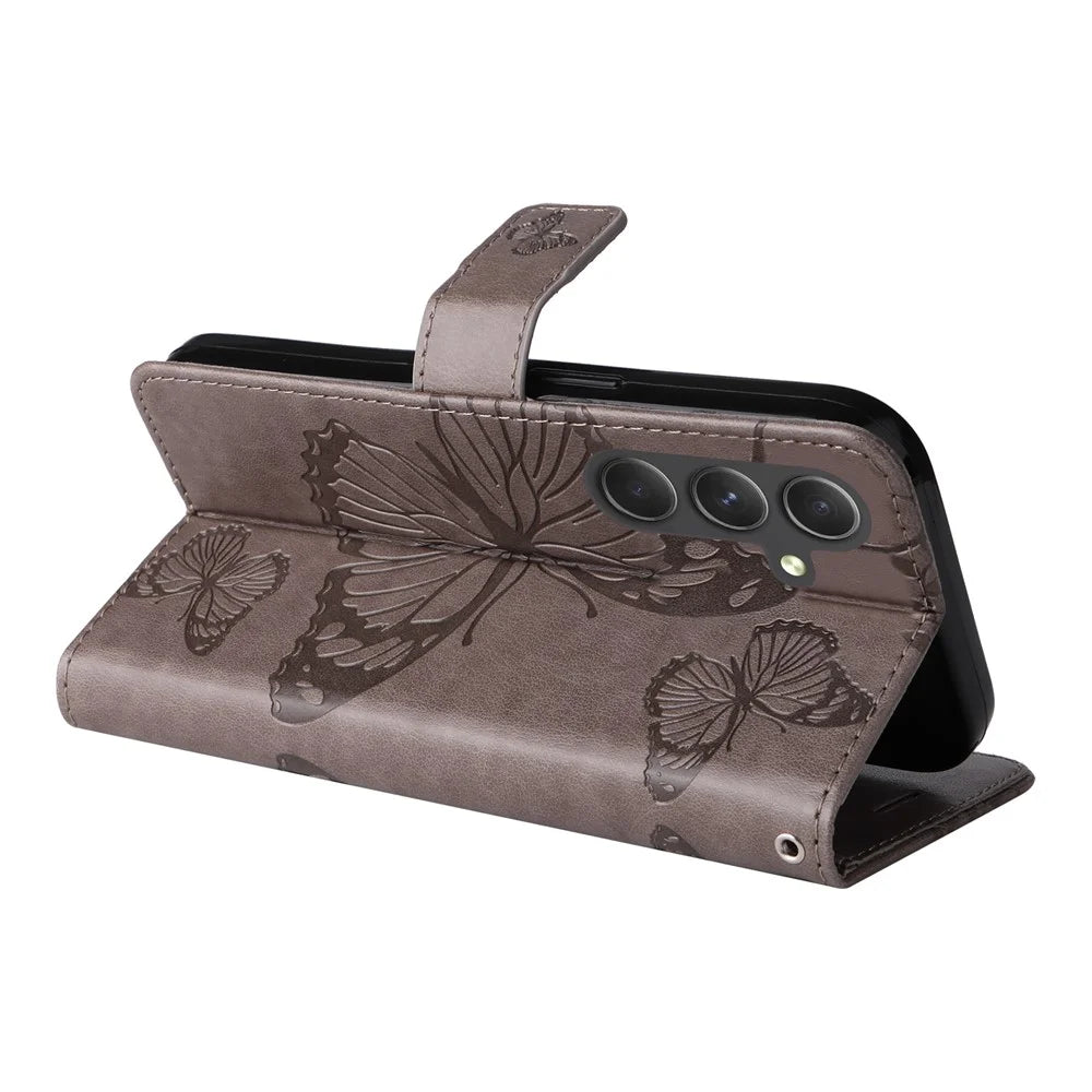 For Samsung Galaxy A55 5G Wallet Case Floral Butterfly Imprinted Leather Phone Cover Stand - Grey - 3