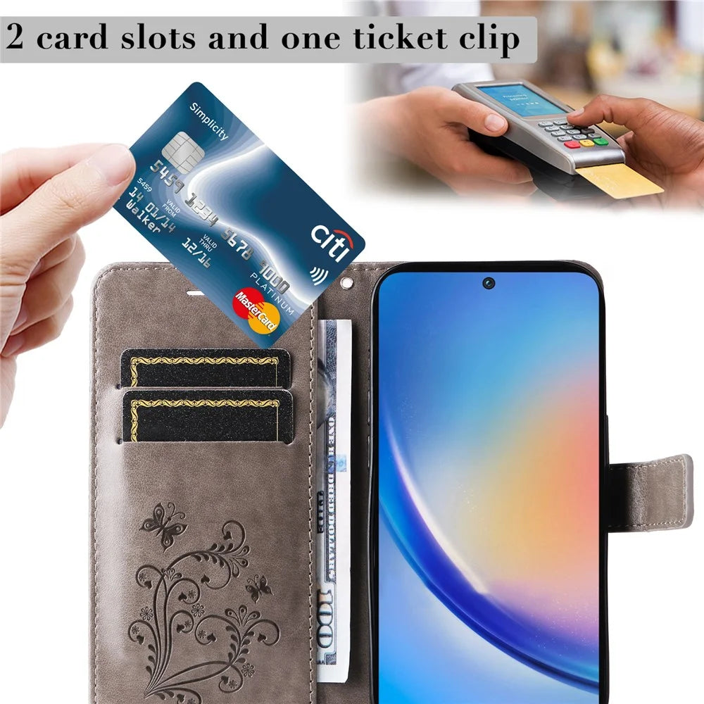 For Samsung Galaxy A55 5G Wallet Case Floral Butterfly Imprinted Leather Phone Cover Stand - Grey - 6