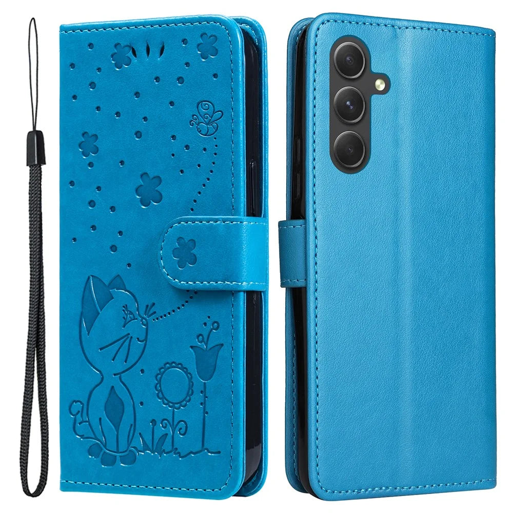 Leather Case Cat Bee Pattern Phone Cover Wallet Stand with Strap - 1