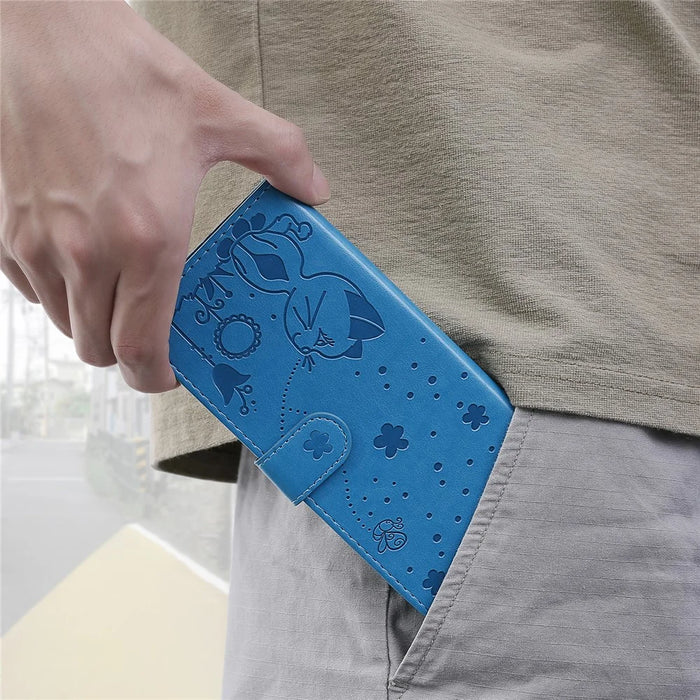 Leather Case Cat Bee Pattern Phone Cover Wallet Stand with Strap - 6