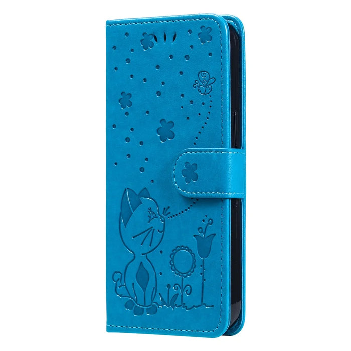 Leather Case Cat Bee Pattern Phone Cover Wallet Stand with Strap - 7