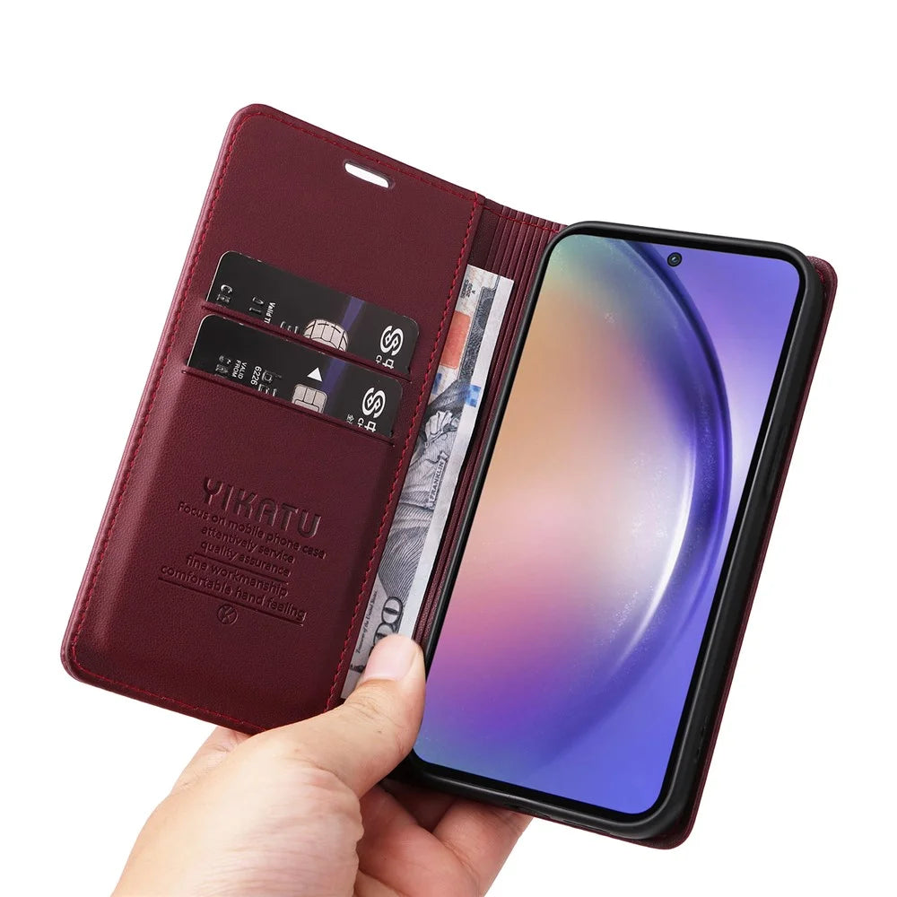 YIKATU YK-001 For Samsung Galaxy A55 5G Magnetic Case Book Style Leather Stand Phone Cover - Wine Red - 6