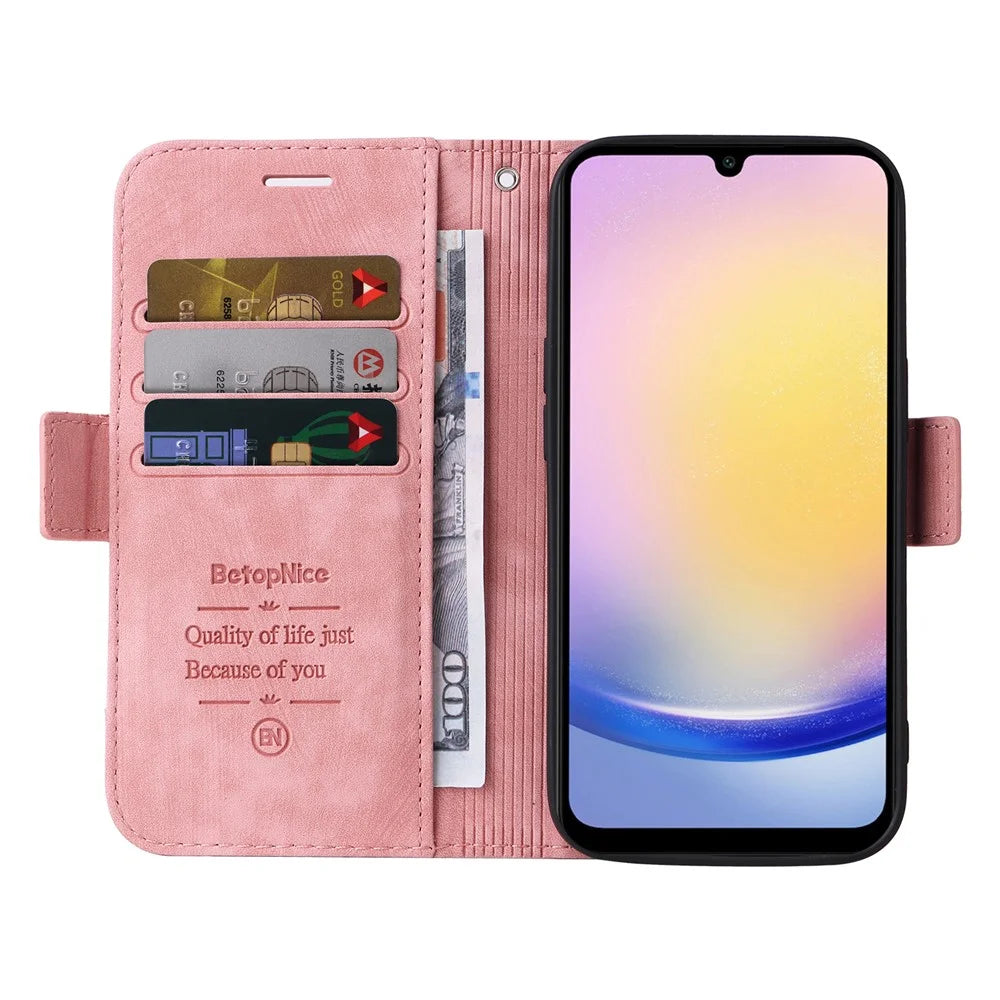 BETOPNICE 001 for Samsung Galaxy A25 5G (Global) (161.0 x 76.5 x 8.3mm) Phone Case Leather Wallet Cover - Pink - 2