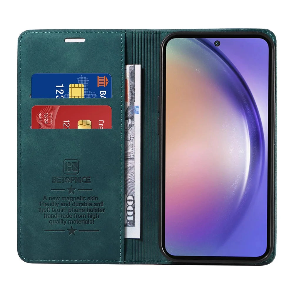 BETOPNICE 003 for Samsung Galaxy A55 5G Leather Case Magnetic Closing RFID Blocking Phone Cover - Green - 2