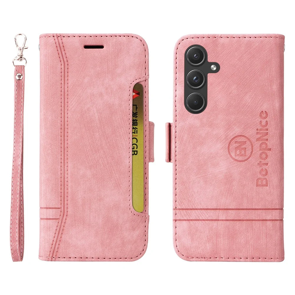 BETOPNICE 001 for Samsung Galaxy A55 5G Magnetic Case Leather Flip Stand Protective Cover - Pink - 1