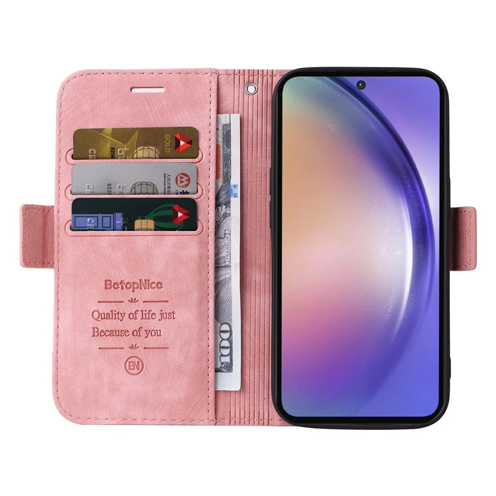 BETOPNICE 001 for Samsung Galaxy A55 5G Magnetic Case Leather Flip Stand Protective Cover - Pink - 2