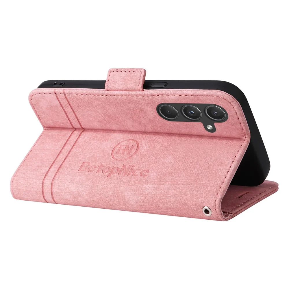 BETOPNICE 001 for Samsung Galaxy A55 5G Magnetic Case Leather Flip Stand Protective Cover - Pink - 4