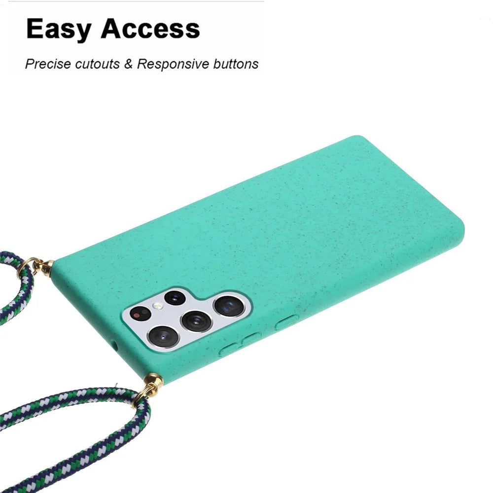For Samsung Galaxy S24 Ultra Eco-Friendly Phone Case TPU+Wheat Straw Cover with Lanyard - Sky Blue - 3