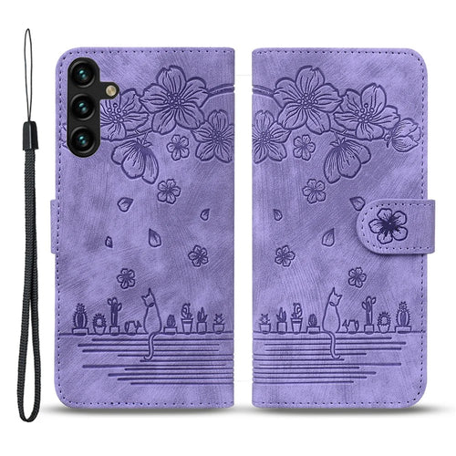 For Samsung Galaxy A55 5G Leather Case Imprinted Flower Cat Phone Cover with Hand Strap - Purple - 1