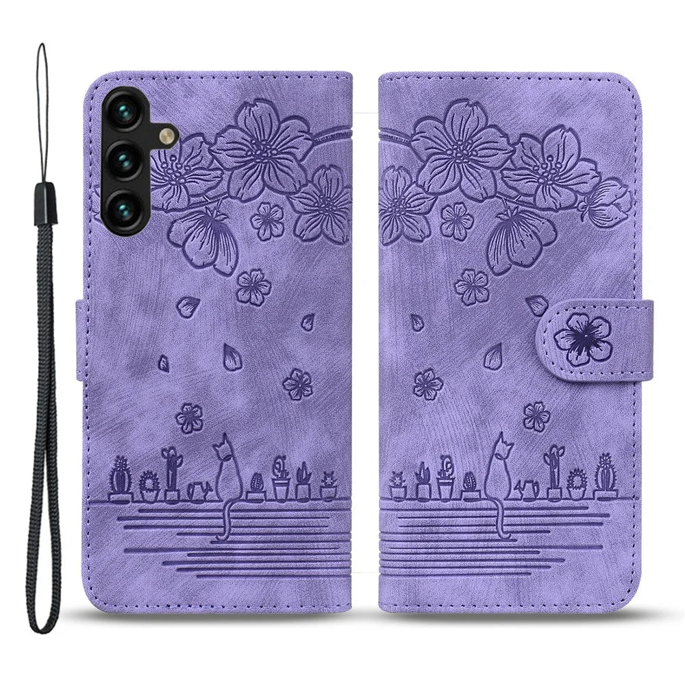 For Samsung Galaxy A55 5G Leather Case Imprinted Flower Cat Phone Cover with Hand Strap - Purple - 1
