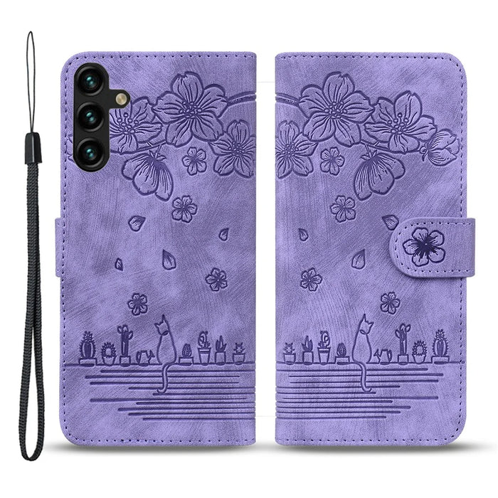 For Samsung Galaxy A55 5G Leather Case Imprinted Flower Cat Phone Cover with Hand Strap - Purple - 1