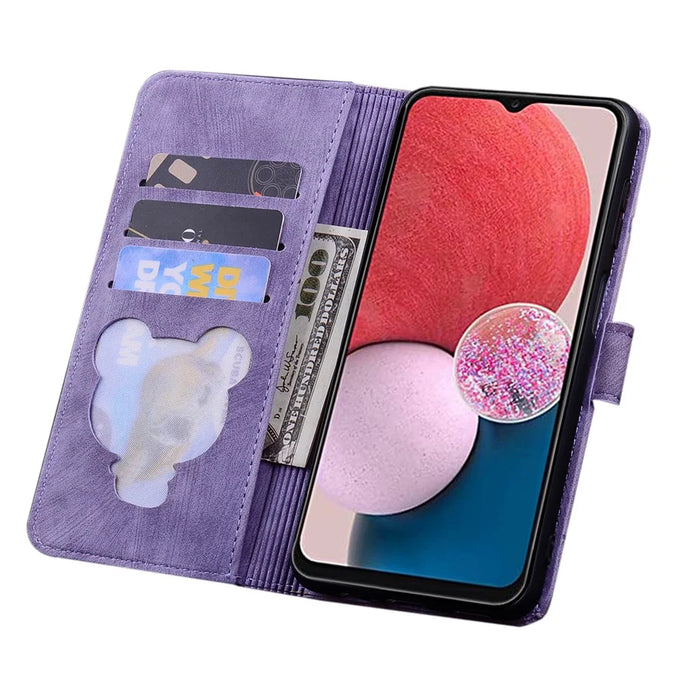 For Samsung Galaxy A55 5G Leather Case Imprinted Flower Cat Phone Cover with Hand Strap - Purple - 2