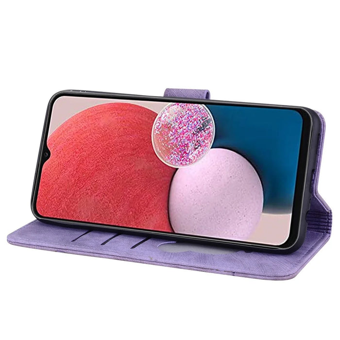For Samsung Galaxy A55 5G Leather Case Imprinted Flower Cat Phone Cover with Hand Strap - Purple - 3