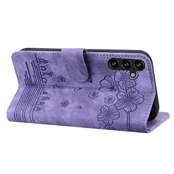 For Samsung Galaxy A55 5G Leather Case Imprinted Flower Cat Phone Cover with Hand Strap - Purple - 4