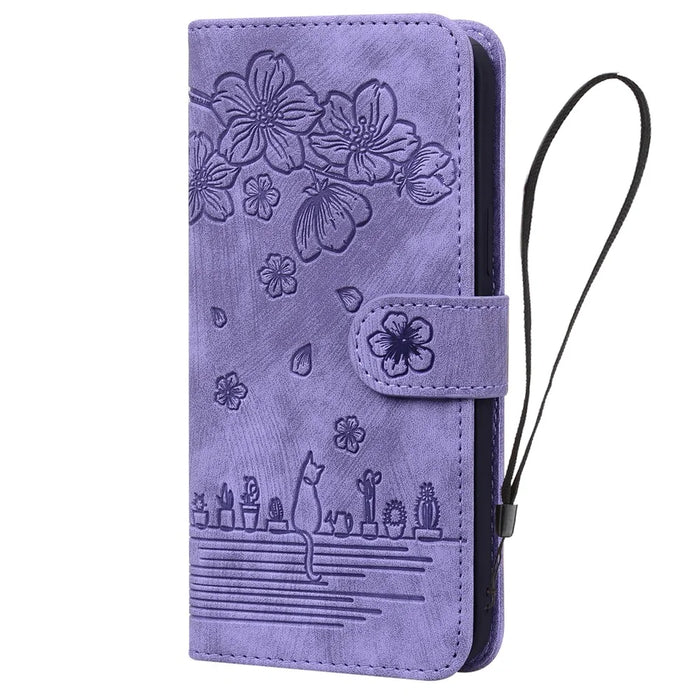 For Samsung Galaxy A55 5G Leather Case Imprinted Flower Cat Phone Cover with Hand Strap - Purple - 5