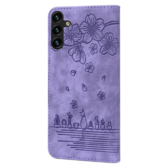 For Samsung Galaxy A55 5G Leather Case Imprinted Flower Cat Phone Cover with Hand Strap - Purple - 6