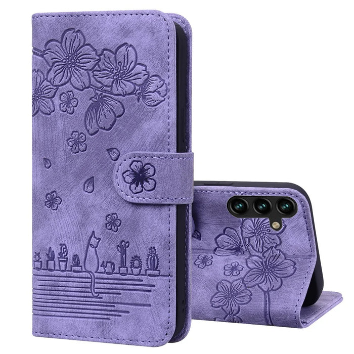 For Samsung Galaxy A55 5G Leather Case Imprinted Flower Cat Phone Cover with Hand Strap - Purple - 7