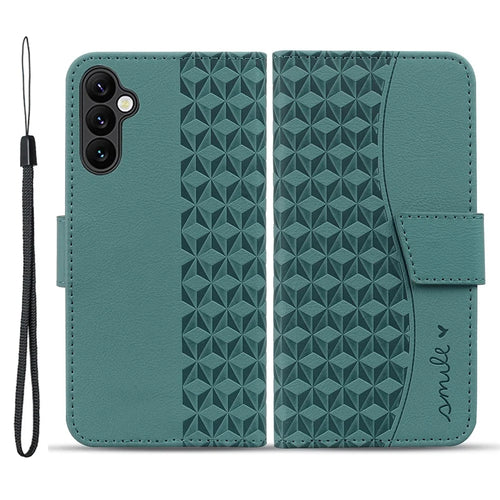 For Samsung Galaxy A35 5G Case Imprinted Rhombus Leather Phone Protector with Wrist Strap - Green - 1