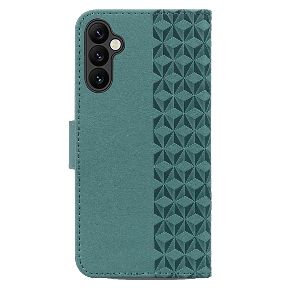 For Samsung Galaxy A35 5G Case Imprinted Rhombus Leather Phone Protector with Wrist Strap - Green - 6