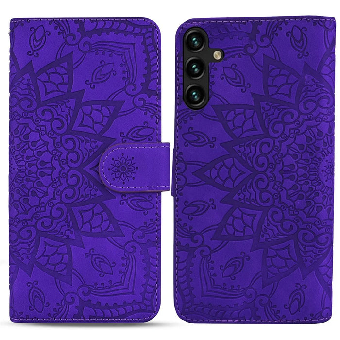 For Samsung Galaxy A55 5G Case Imprinted Flower Calf Texture Cover - Purple - 1