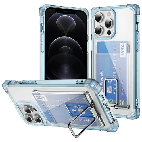 YSM Reinforced Corners Series for iPhone 12 / 12 Pro Case Card Slot Kickstand Clear Cover - Transparent Blue - 1