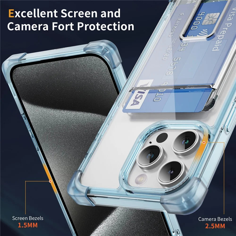 YSM Reinforced Corners Series for iPhone 12 / 12 Pro Case Card Slot Kickstand Clear Cover - Transparent Blue - 4