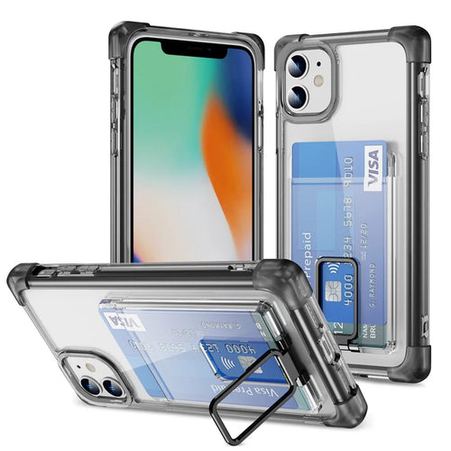 YSM Reinforced Corners Series for iPhone 11 Kickstand Case Clear Cover with Card Holder - Transparent Black - 1