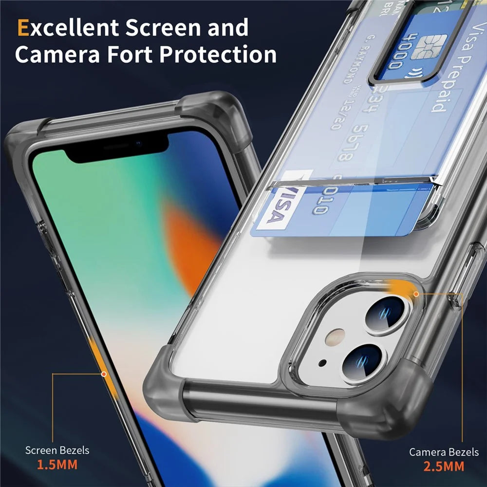 YSM Reinforced Corners Series for iPhone 11 Kickstand Case Clear Cover with Card Holder - Transparent Black - 4