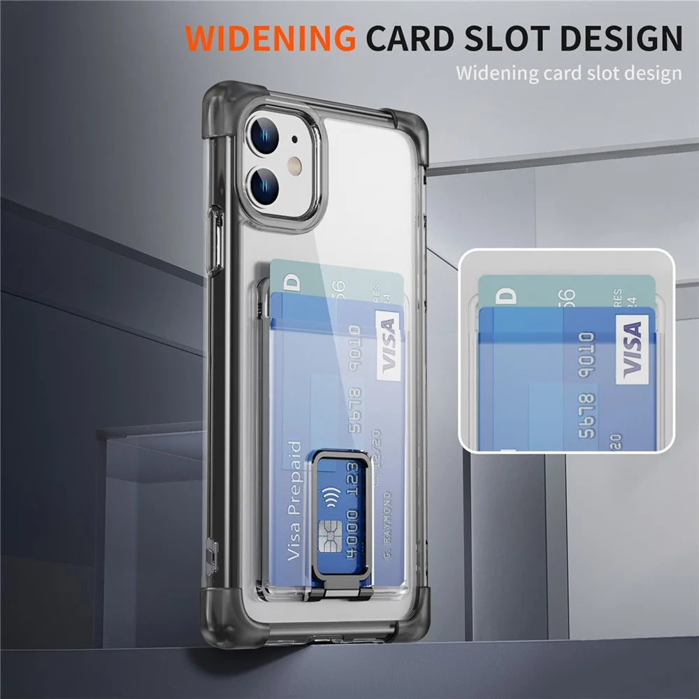 YSM Reinforced Corners Series for iPhone 11 Kickstand Case Clear Cover with Card Holder - Transparent Black - 5