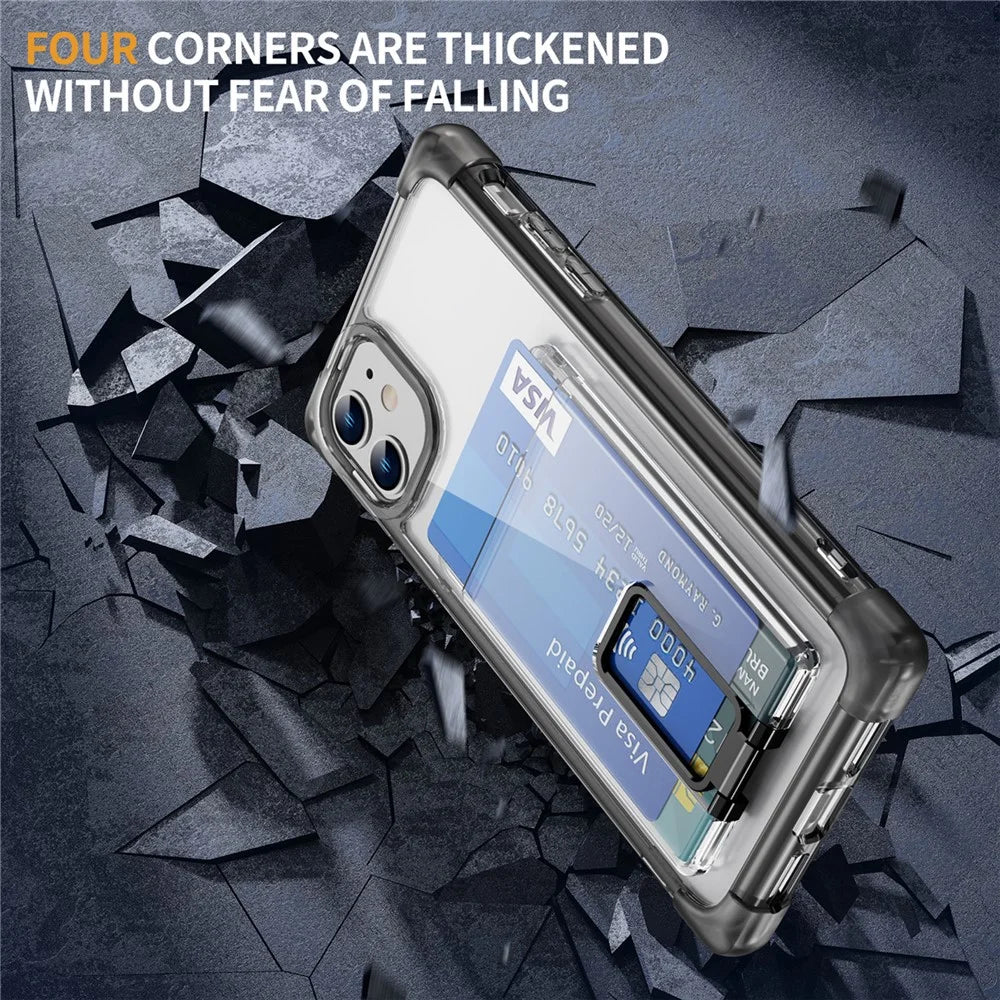 YSM Reinforced Corners Series for iPhone 11 Kickstand Case Clear Cover with Card Holder - Transparent Black - 6
