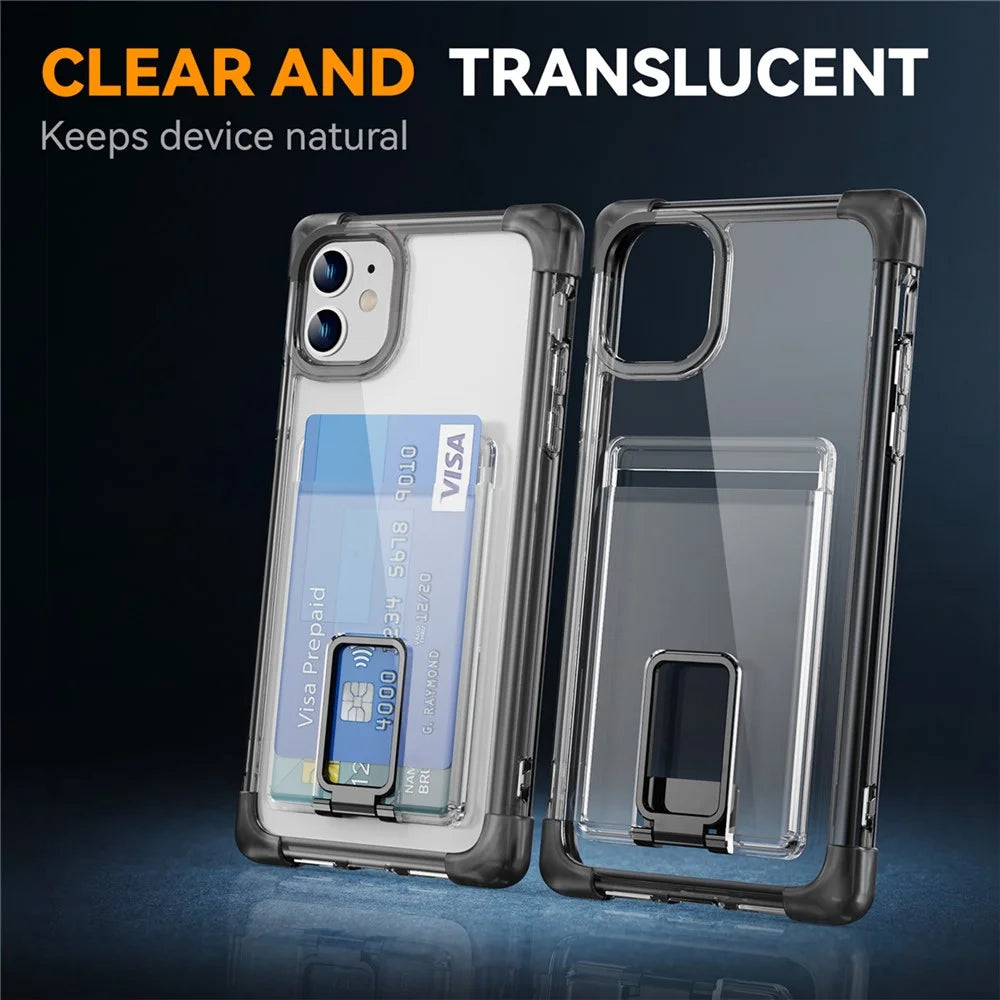 YSM Reinforced Corners Series for iPhone 11 Kickstand Case Clear Cover with Card Holder - Transparent Black - 7