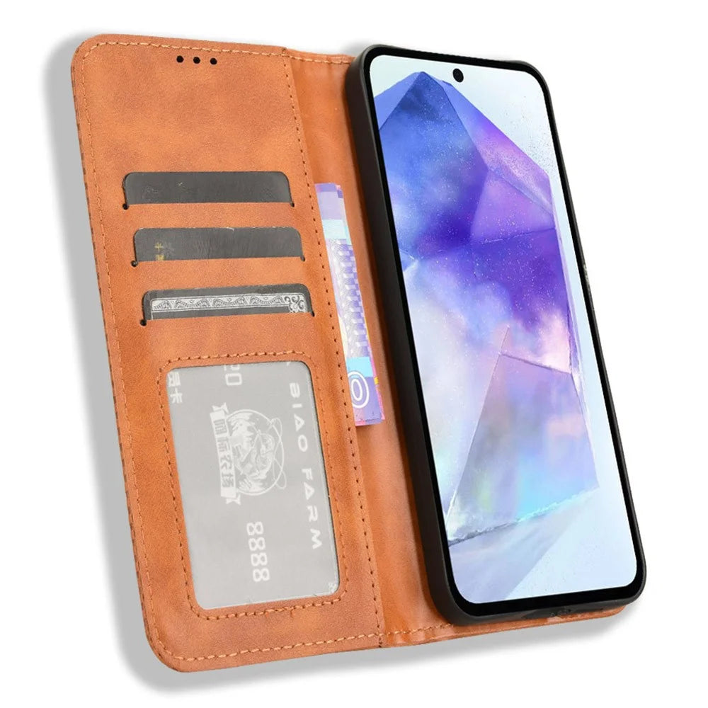 For Samsung Galaxy A55 5G Phone Case Retro Leather Wallet Flip Cover - Brown - 2