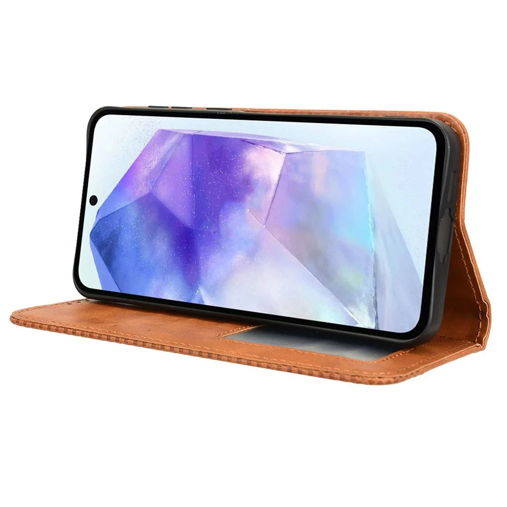 For Samsung Galaxy A55 5G Phone Case Retro Leather Wallet Flip Cover - Brown - 3