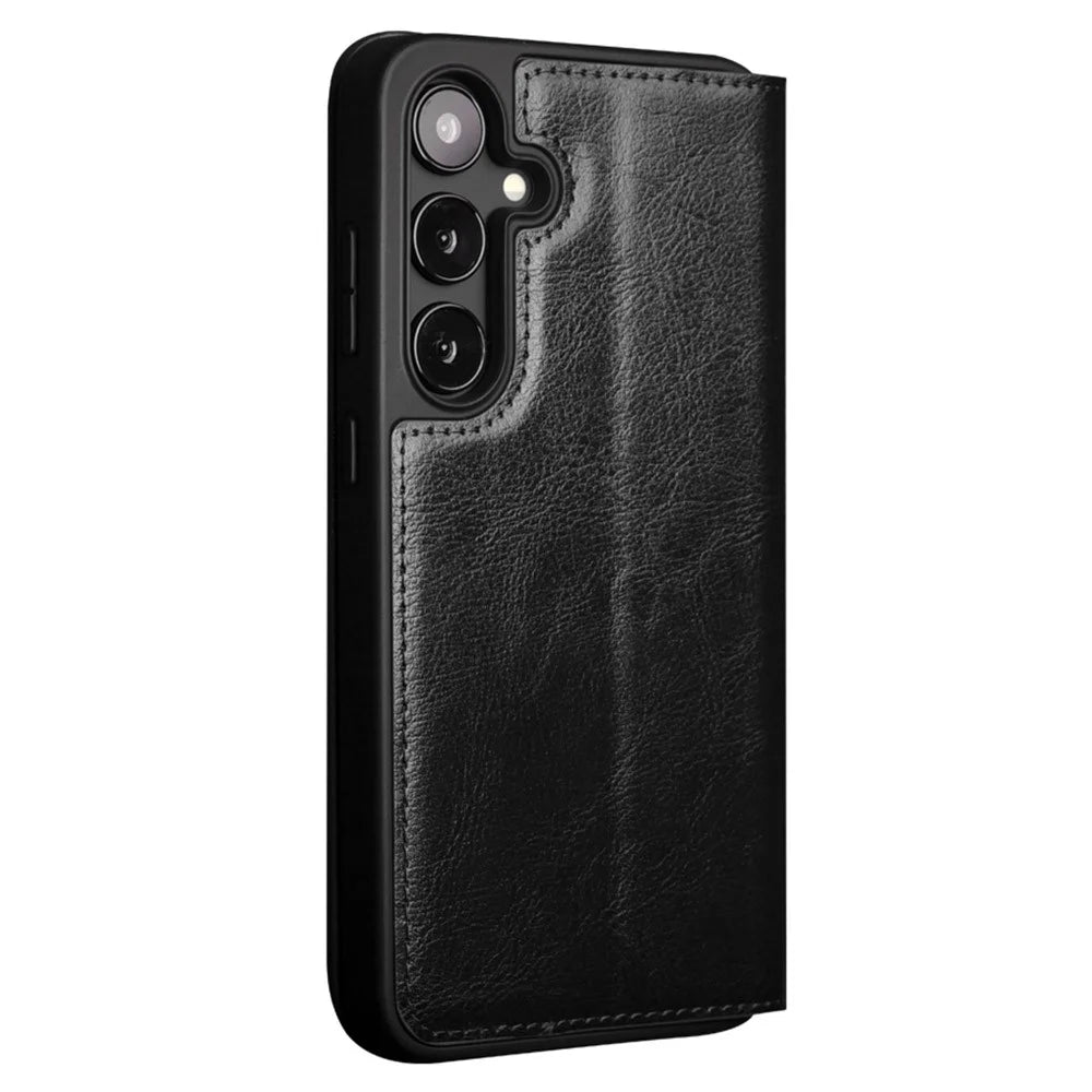 QIALINO For Samsung Galaxy S24 Phone Case Genuine Cow Leather Flip Stand Cover - Black - 5