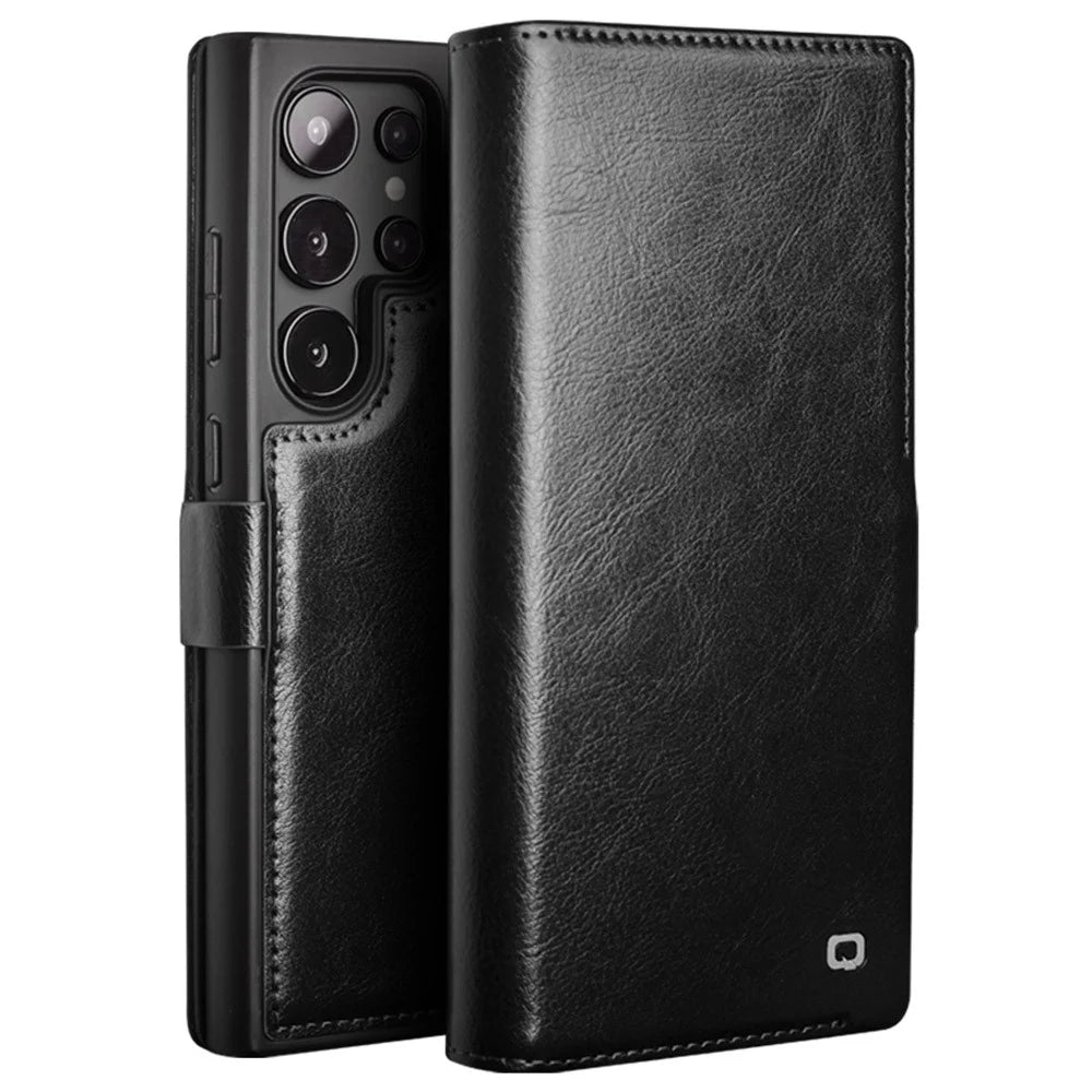 QIALINO For Samsung Galaxy S24 Ultra Wallet Case Genuine Cow Leather Folio Flip Cover - Black - 1