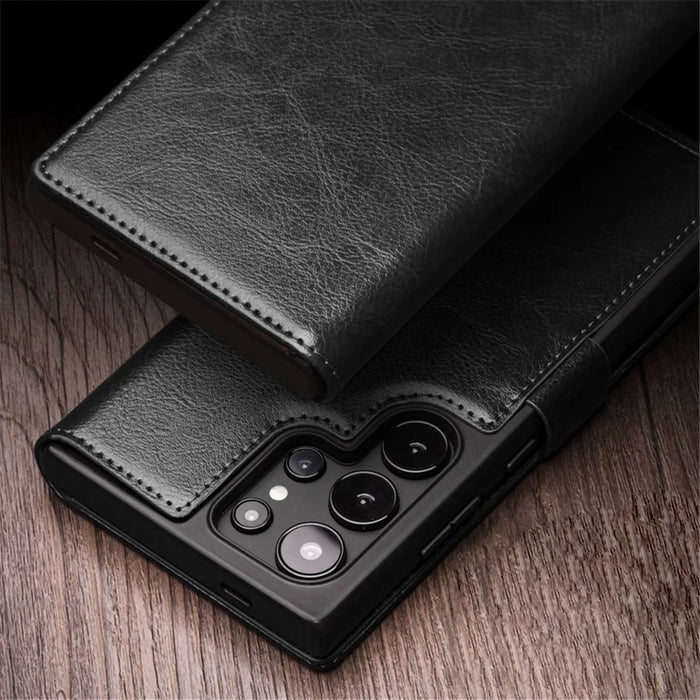 QIALINO For Samsung Galaxy S24 Ultra Wallet Case Genuine Cow Leather Folio Flip Cover - Black - 6