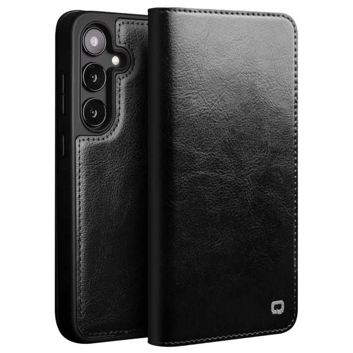 QIALINO For Samsung Galaxy S24+ Wallet Case Genuine Cow Leather Phone Cover Card Holder Stand - Black - 1