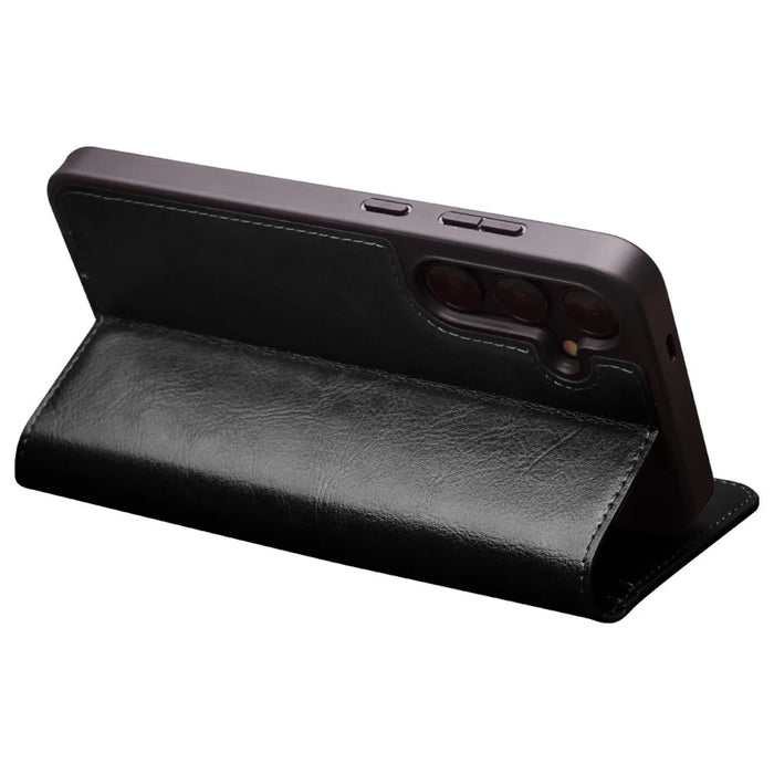 QIALINO For Samsung Galaxy S24+ Wallet Case Genuine Cow Leather Phone Cover Card Holder Stand - Black - 3