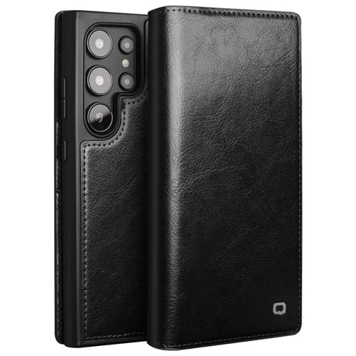 QIALINO For Samsung Galaxy S24 Ultra Case Wallet Flip Stand Phone Cover Genuine Cow Leather - Black - 1