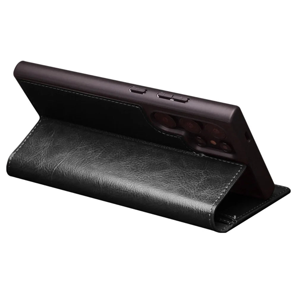 QIALINO For Samsung Galaxy S24 Ultra Case Wallet Flip Stand Phone Cover Genuine Cow Leather - Black - 3