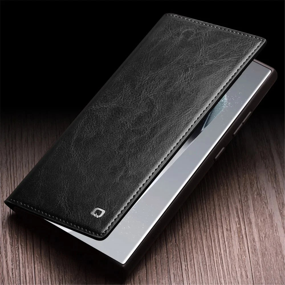 QIALINO For Samsung Galaxy S24 Ultra Case Wallet Flip Stand Phone Cover Genuine Cow Leather - Black - 5