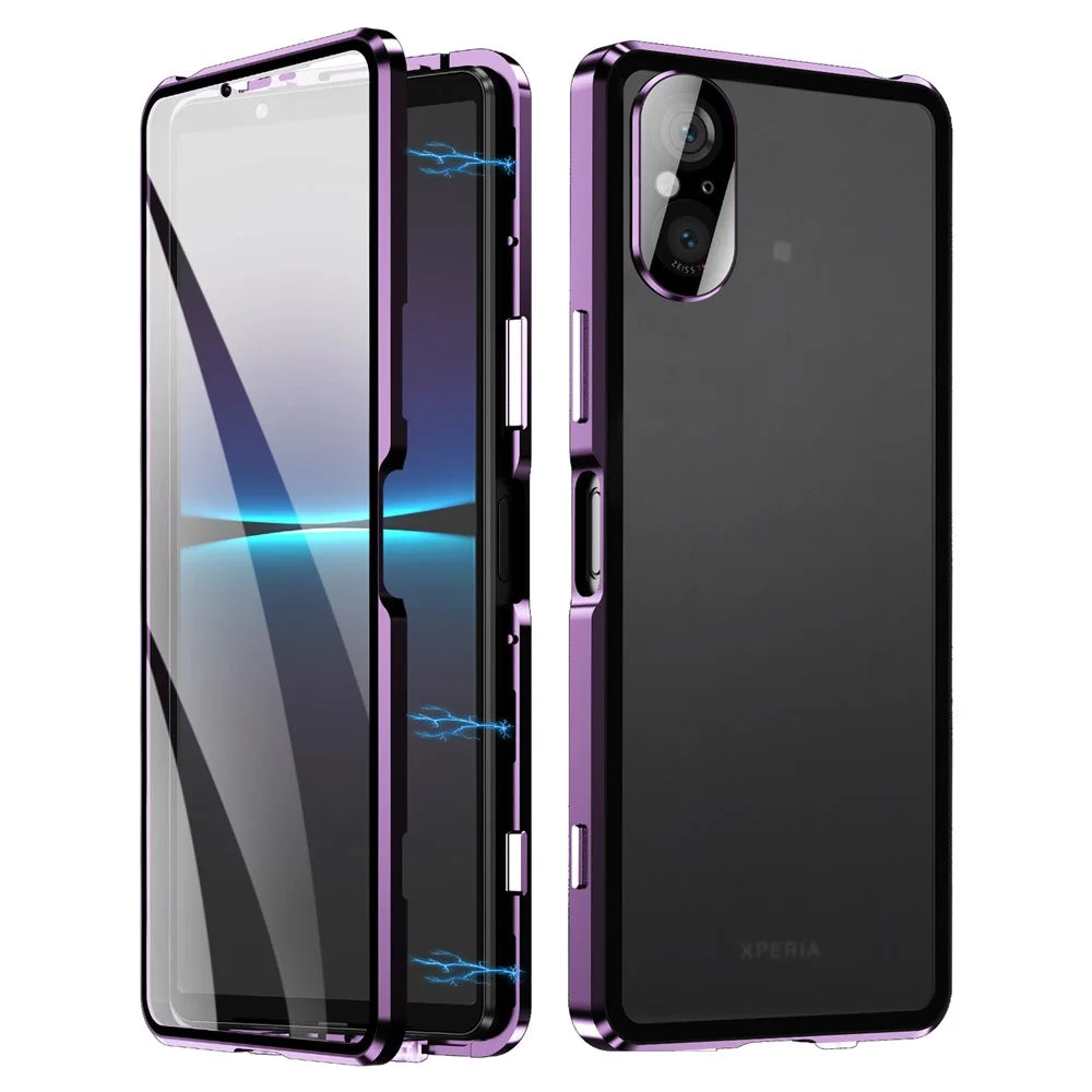 For Sony Xperia 5 V Tempered Glass Case Metal Frame Clear PC Back Magnetic Phone Cover - Purple - 1
