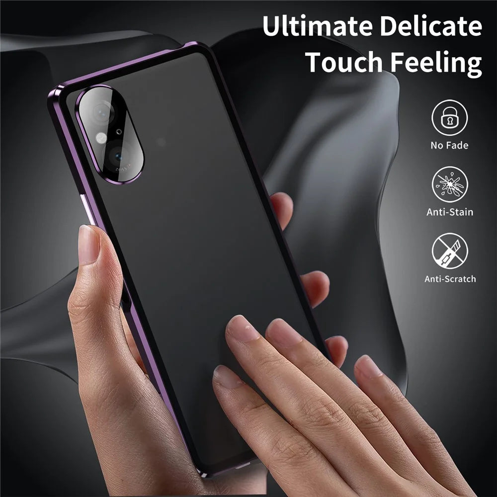 For Sony Xperia 5 V Tempered Glass Case Metal Frame Clear PC Back Magnetic Phone Cover - Purple - 2