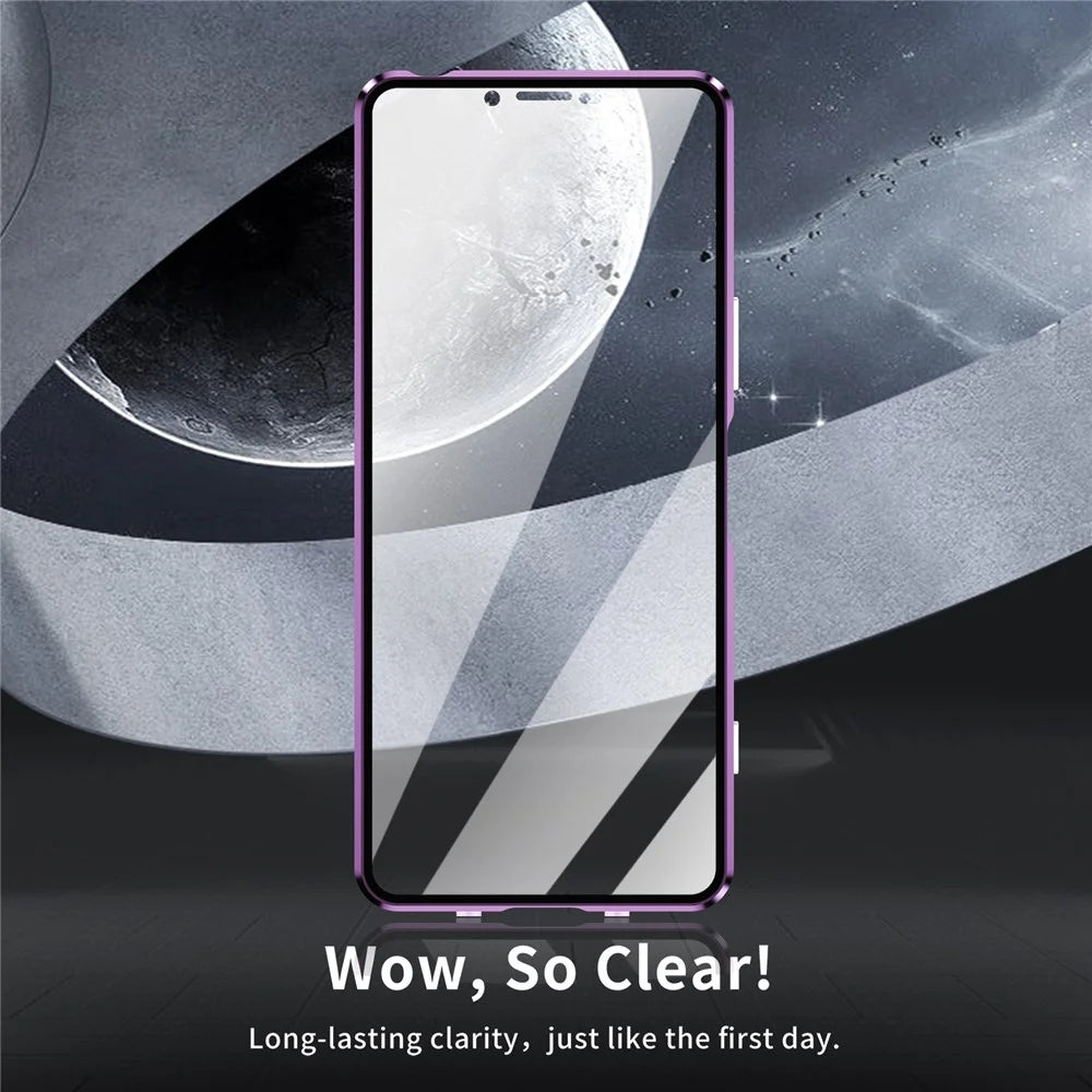 For Sony Xperia 5 V Tempered Glass Case Metal Frame Clear PC Back Magnetic Phone Cover - Purple - 3